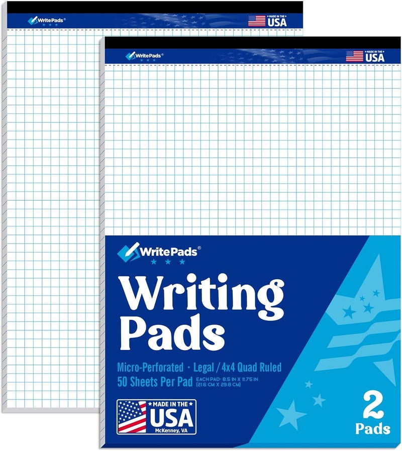WritePads Graph Paper Pads 8.5 x 11, 4x4 Graph Ruled, 2-Pack, 50 Sheets/Pad, 60GSM White Graph Paper Notebook, Made In USA, No Ink Bleeding, Sturdy back, Micro-Perforated Graphing Paper for School Office - Image 1